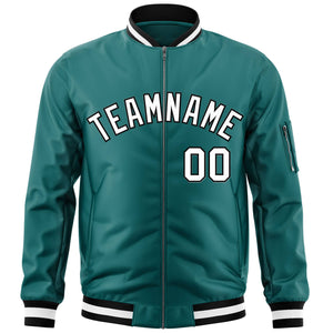 Custom Aqua White-Black Varsity Full-Zip Letterman Bomber Jacket