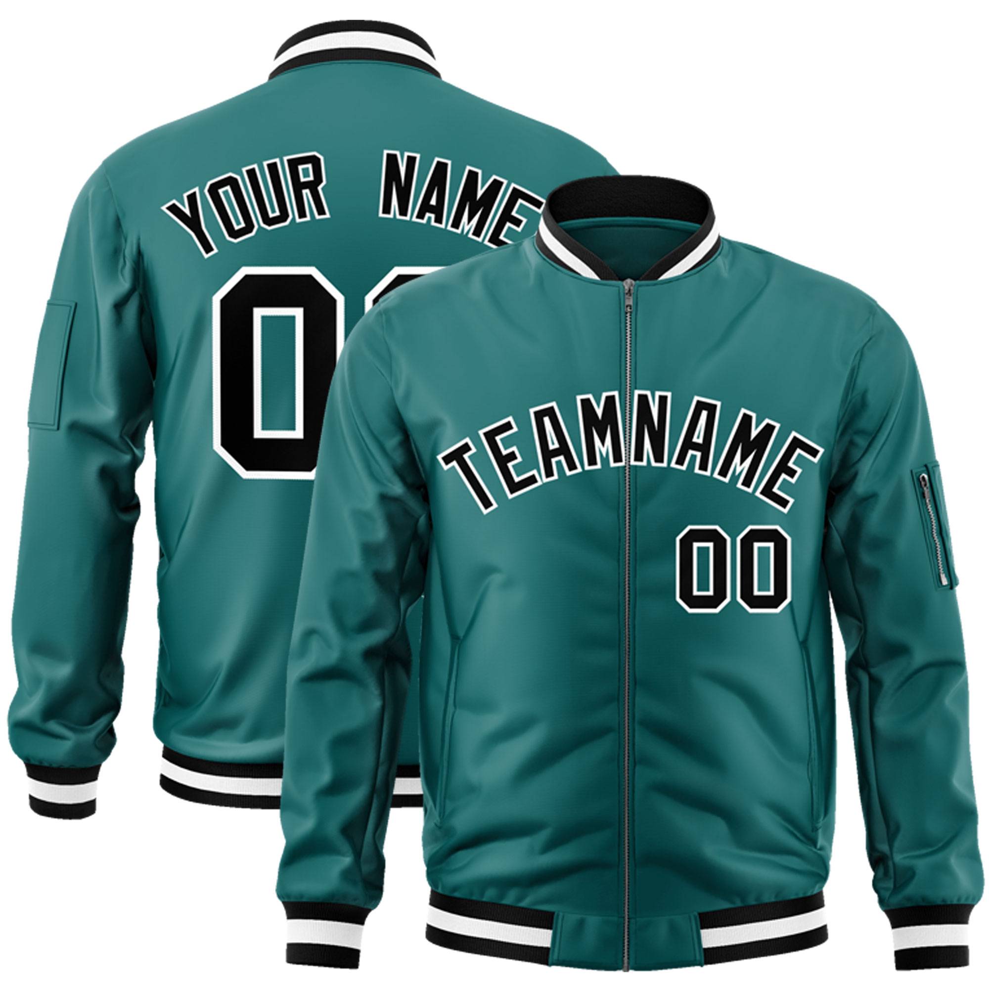 Custom Aqua Black-White Varsity Full-Zip Letterman Bomber Jacket