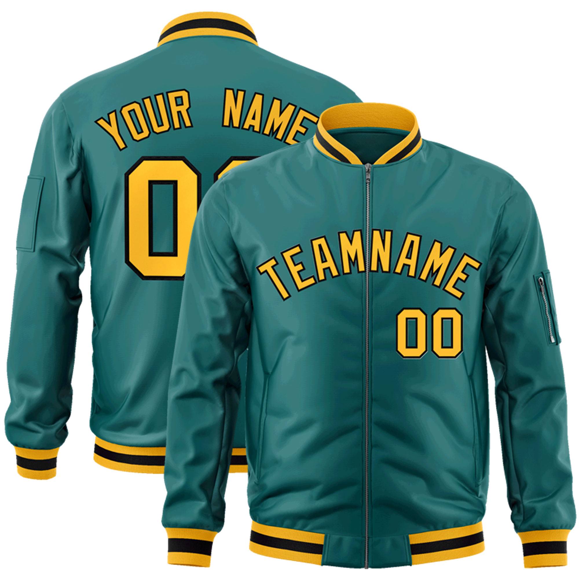 Custom Aqua Gold-Black Varsity Full-Zip Letterman Bomber Jacket