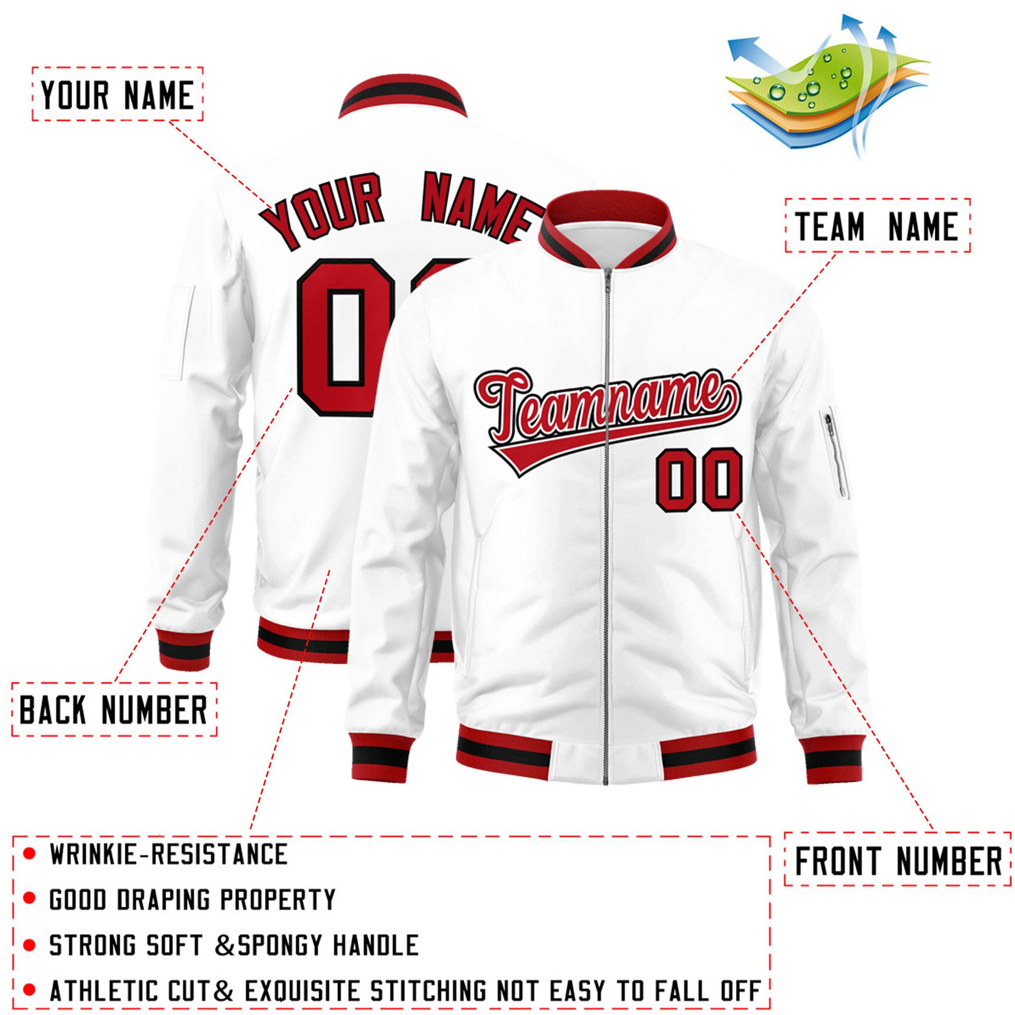 Custom White Red-Black Varsity Full-Zip Letterman Bomber Jacket