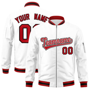 Custom White Red-Black Varsity Full-Zip Letterman Bomber Jacket