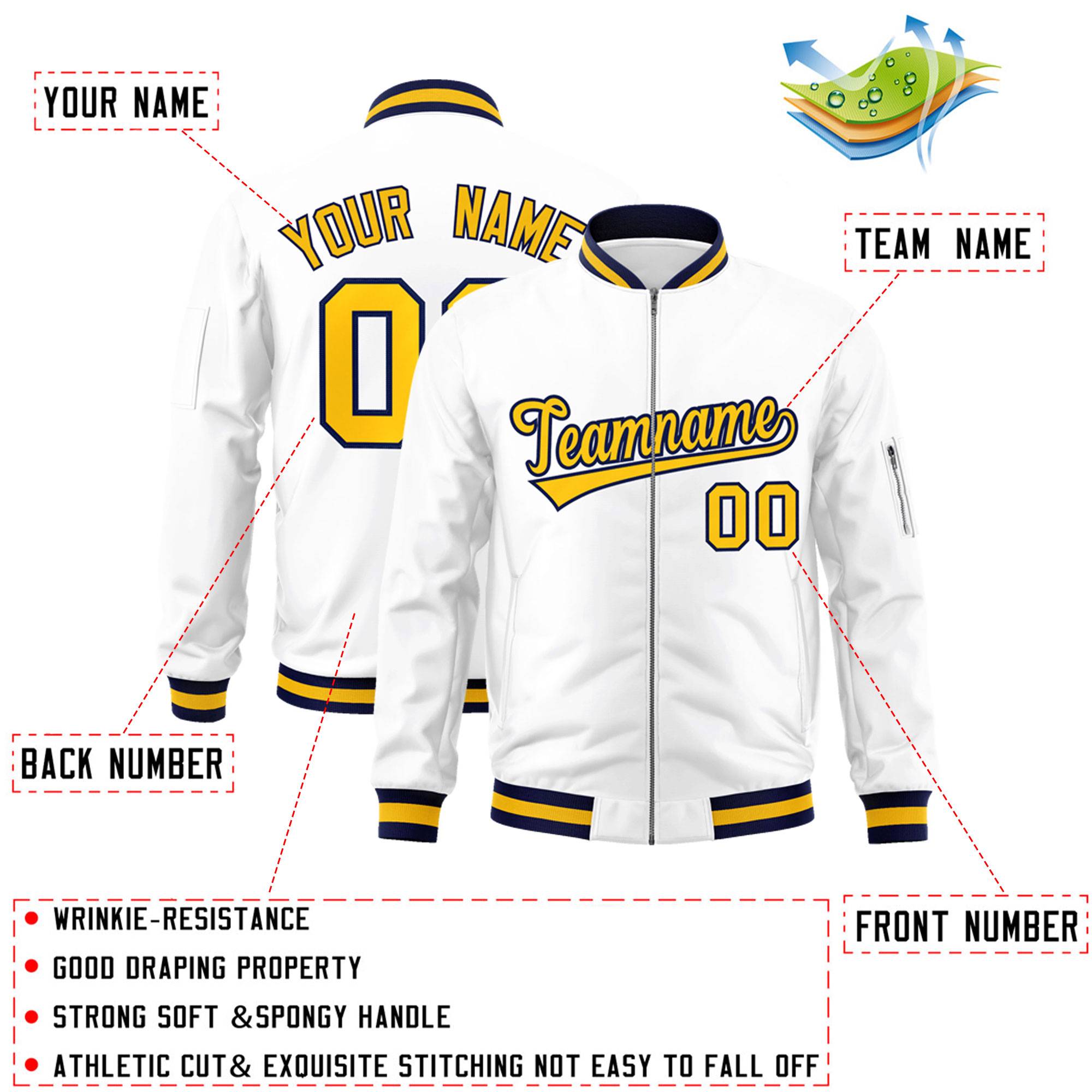 Custom White Yellow-Navy Varsity Full-Zip Letterman Bomber Jacket