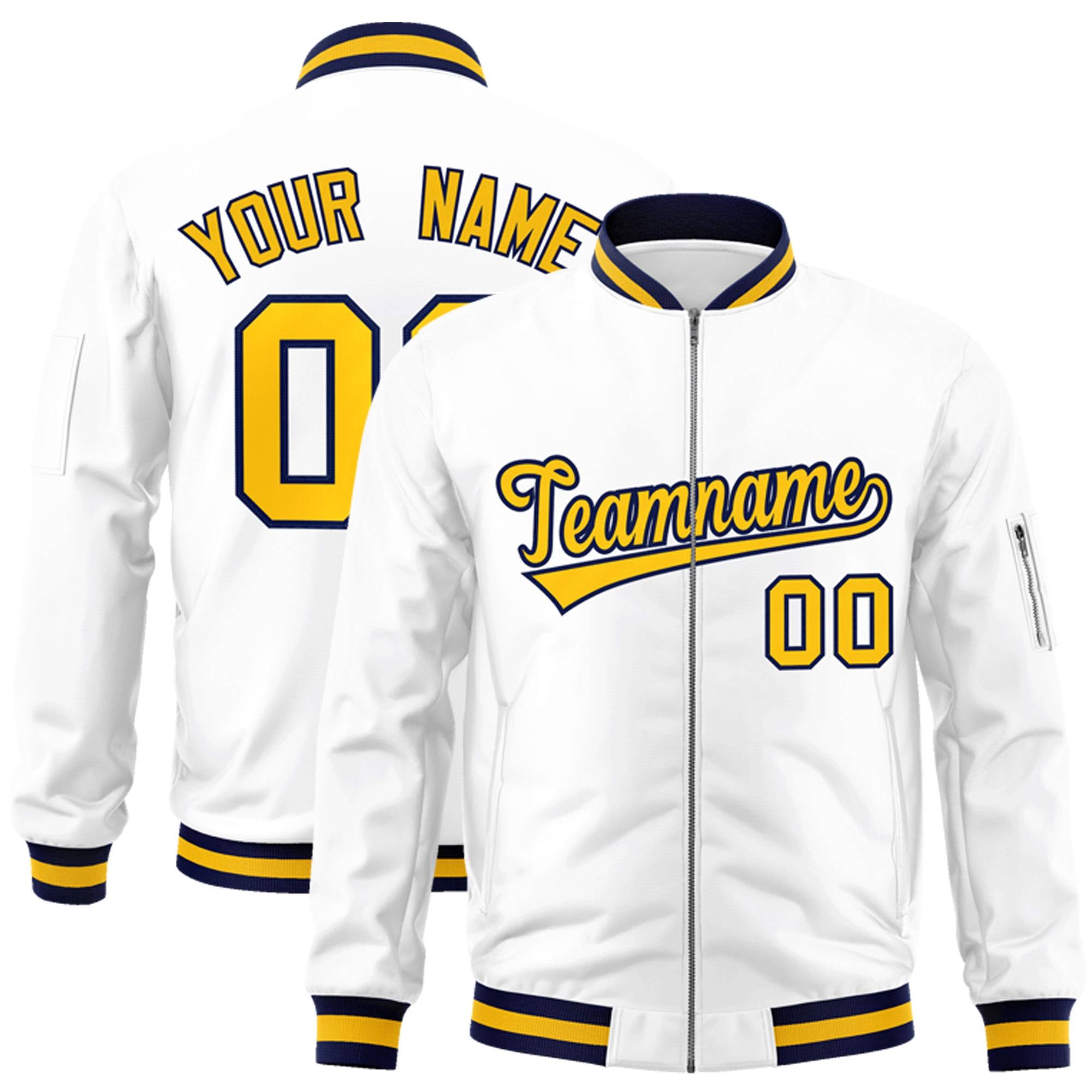 Custom White Yellow-Navy Varsity Full-Zip Letterman Bomber Jacket