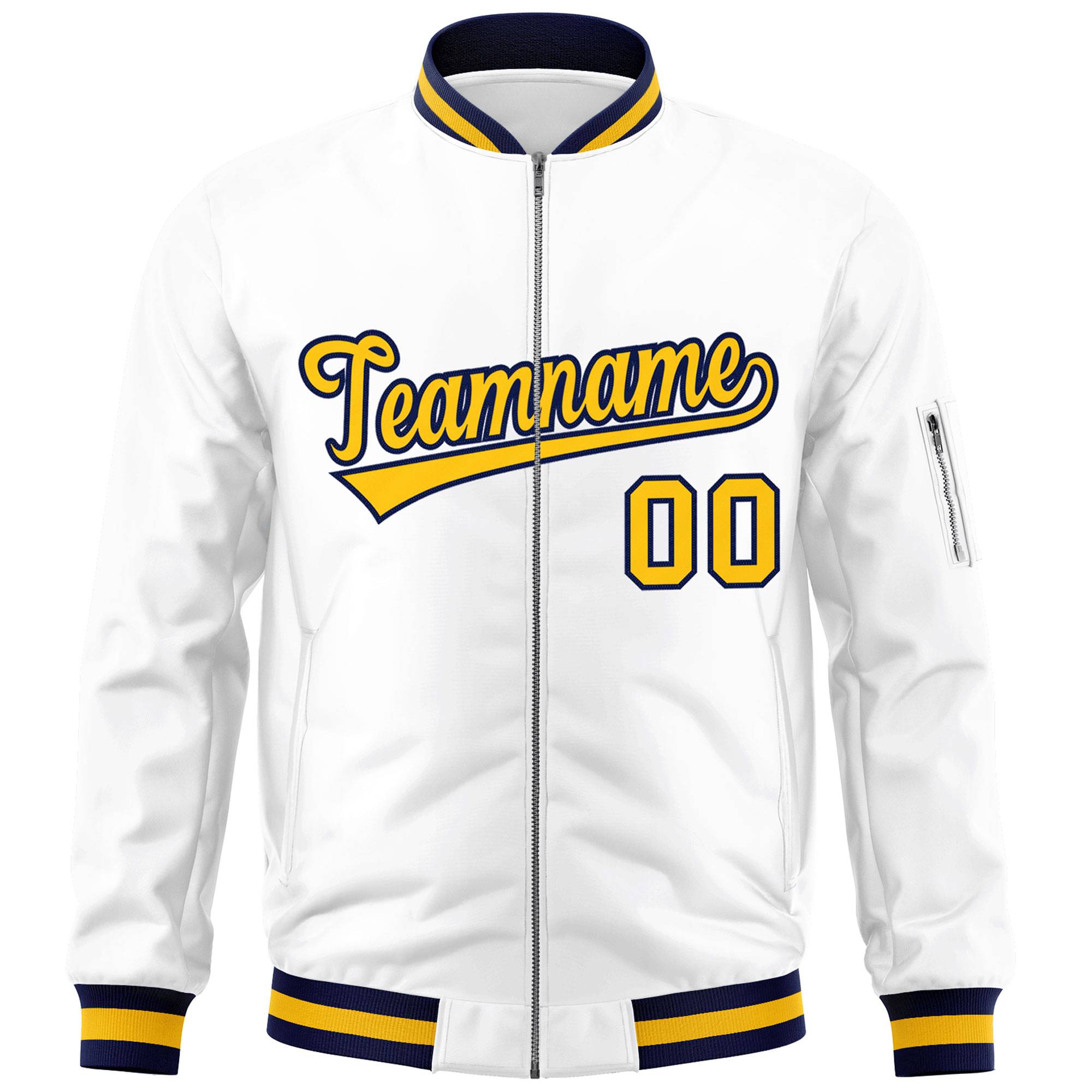 Custom White Yellow-Navy Varsity Full-Zip Letterman Bomber Jacket