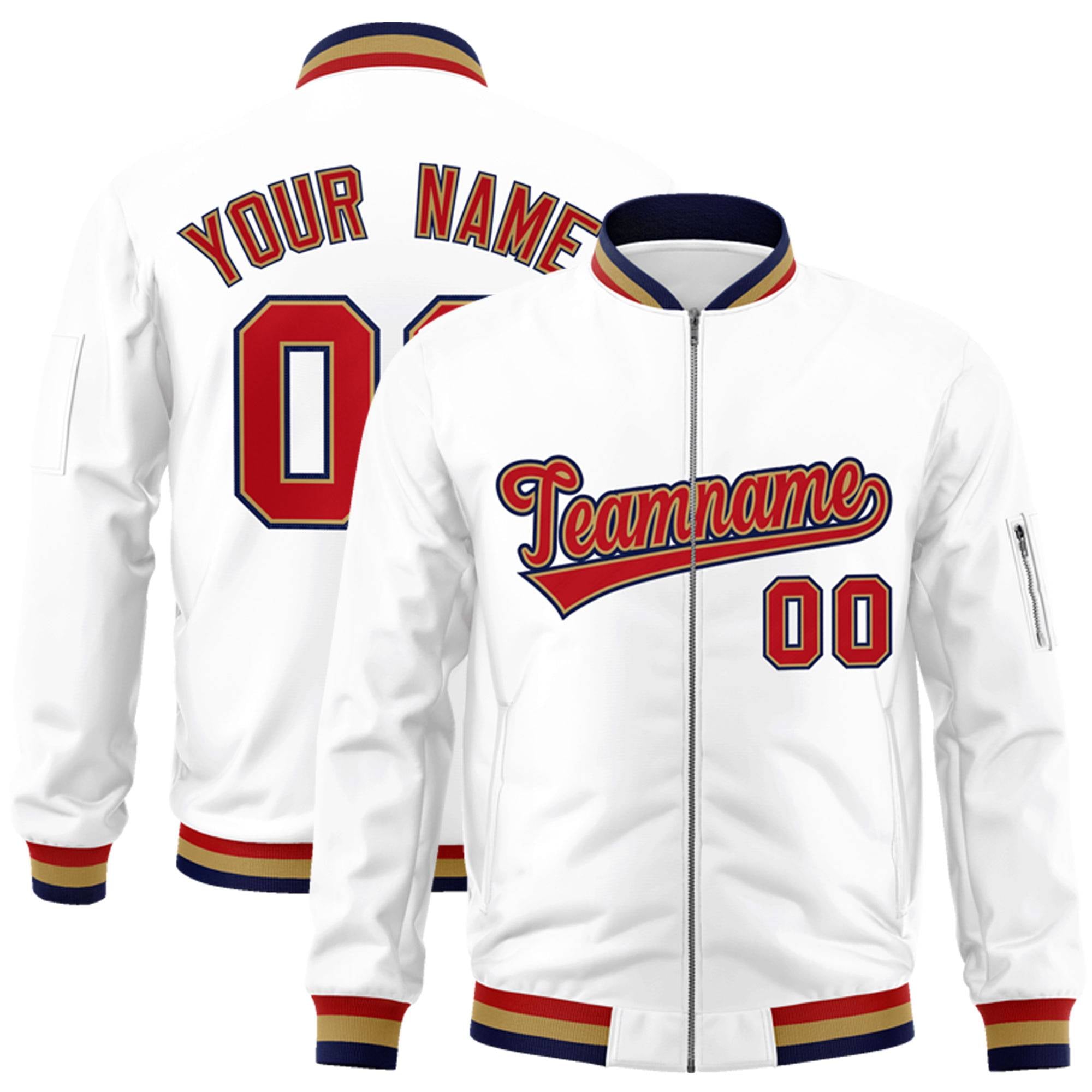 Custom White Red-Old Gold Varsity Full-Zip Letterman Bomber Jacket