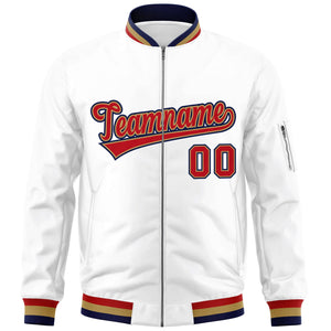 Custom White Red-Old Gold Varsity Full-Zip Letterman Bomber Jacket