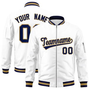 Custom White Navy-Old Gold Varsity Full-Zip Letterman Bomber Jacket