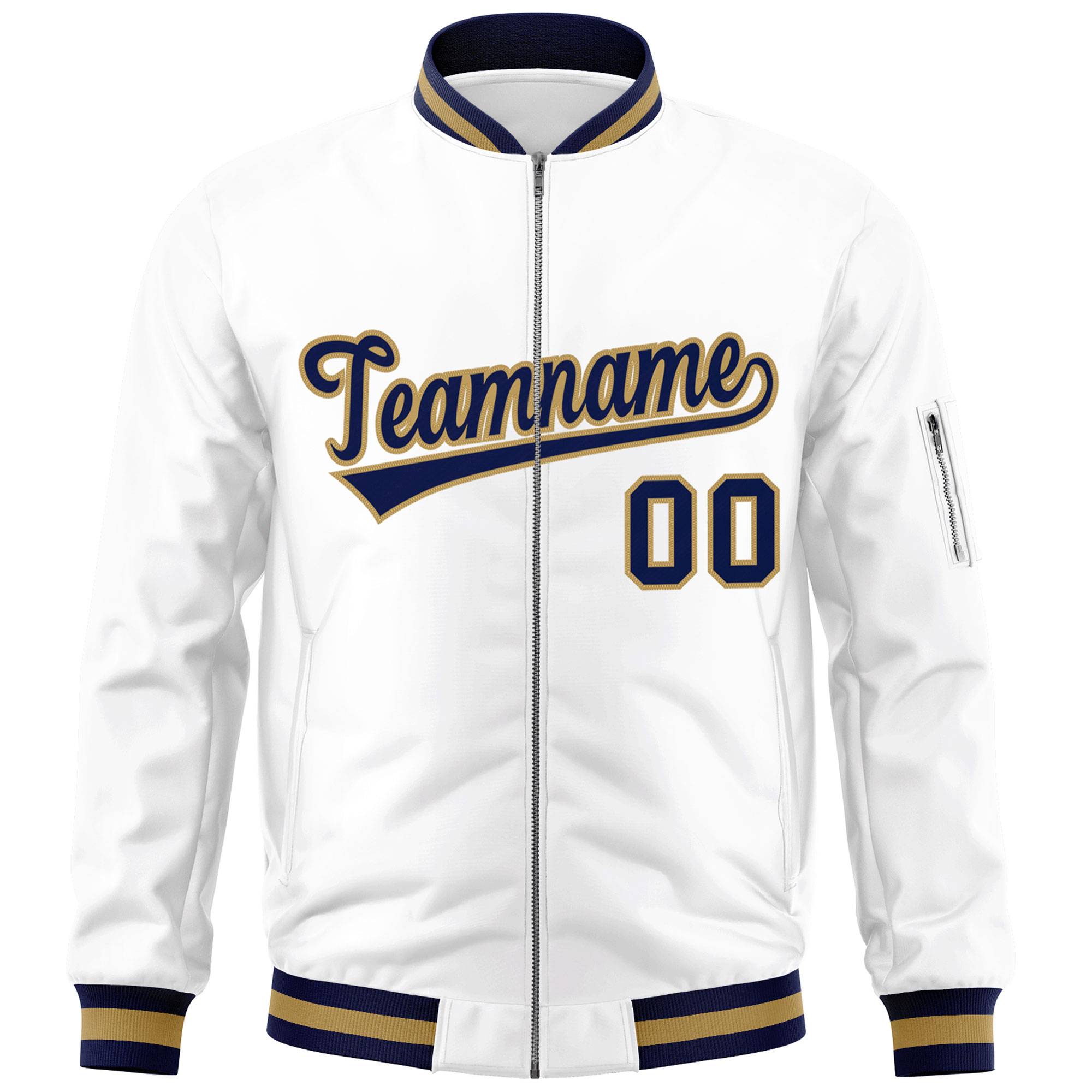 Custom White Navy-Old Gold Varsity Full-Zip Letterman Bomber Jacket