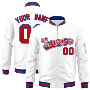 Custom White Red-Royal Varsity Full-Zip Letterman Bomber Jacket