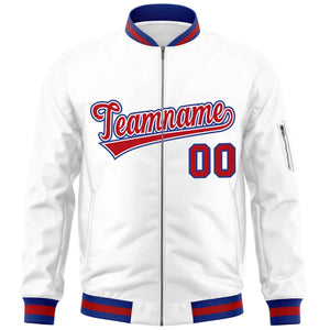 Custom White Red-Royal Varsity Full-Zip Letterman Bomber Jacket