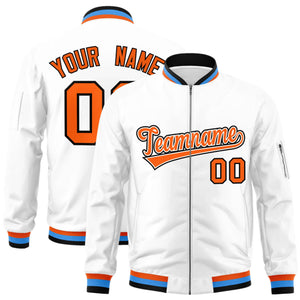 Custom White Orange-Black Varsity Full-Zip Letterman Bomber Jacket