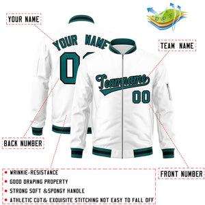 Custom White Aqua-Black Varsity Full-Zip Letterman Bomber Jacket