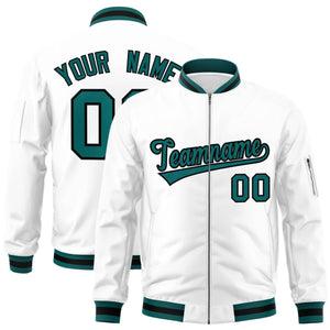 Custom White Aqua-Black Varsity Full-Zip Letterman Bomber Jacket