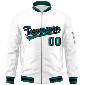 Custom White Aqua-Black Varsity Full-Zip Letterman Bomber Jacket