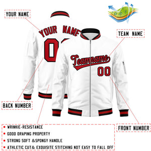 Custom White Red-Black Varsity Full-Zip Letterman Bomber Jacket