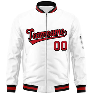 Custom White Red-Black Varsity Full-Zip Letterman Bomber Jacket