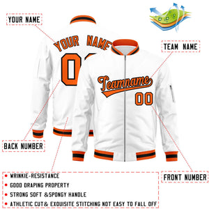 Custom White Orange-Black Varsity Full-Zip Letterman Bomber Jacket