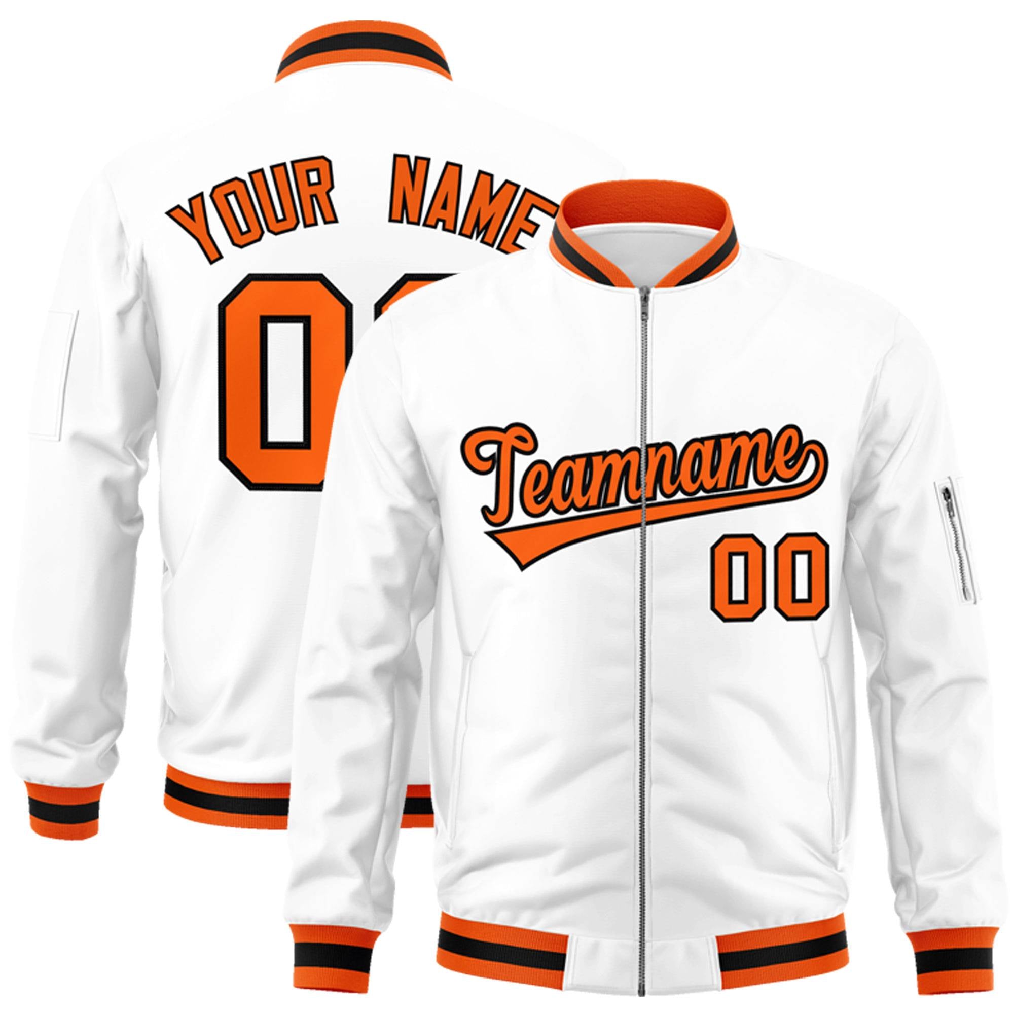 Custom White Orange-Black Varsity Full-Zip Letterman Bomber Jacket