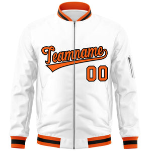 Custom White Orange-Black Varsity Full-Zip Letterman Bomber Jacket