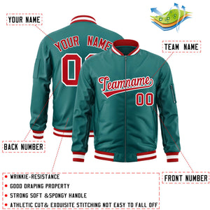 Custom Aqua Red-White Varsity Full-Zip Letterman Bomber Jacket