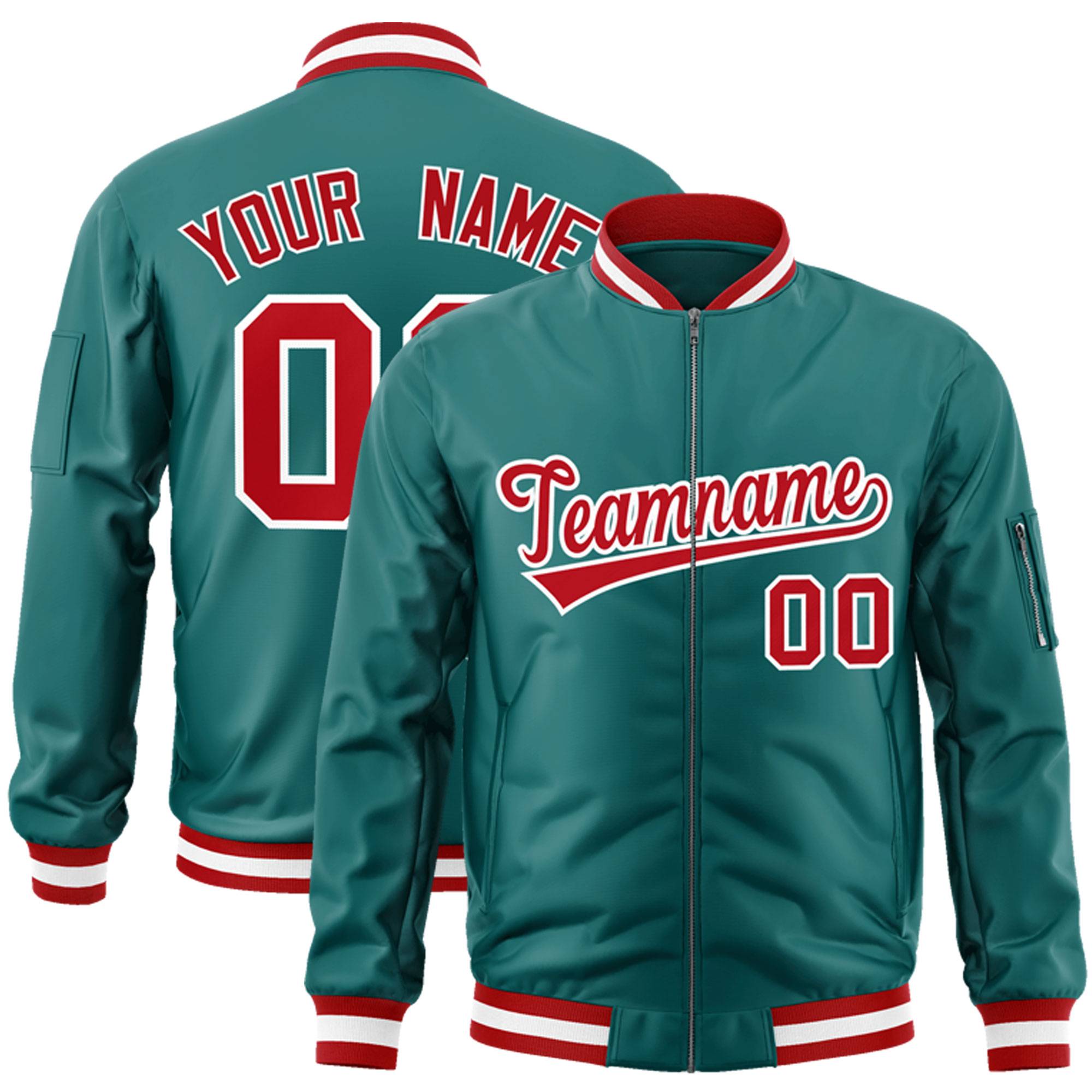 Custom Aqua Red-White Varsity Full-Zip Letterman Bomber Jacket