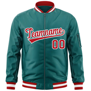 Custom Aqua Red-White Varsity Full-Zip Letterman Bomber Jacket