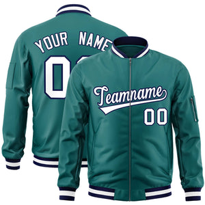 Custom Aqua White-Navy Varsity Full-Zip Letterman Bomber Jacket