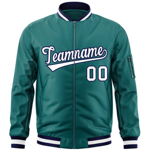 Custom Aqua White-Navy Varsity Full-Zip Letterman Bomber Jacket