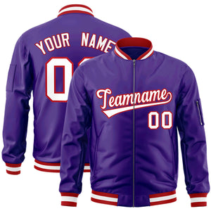 Custom Purple White-Red Varsity Full-Zip Letterman Bomber Jacket