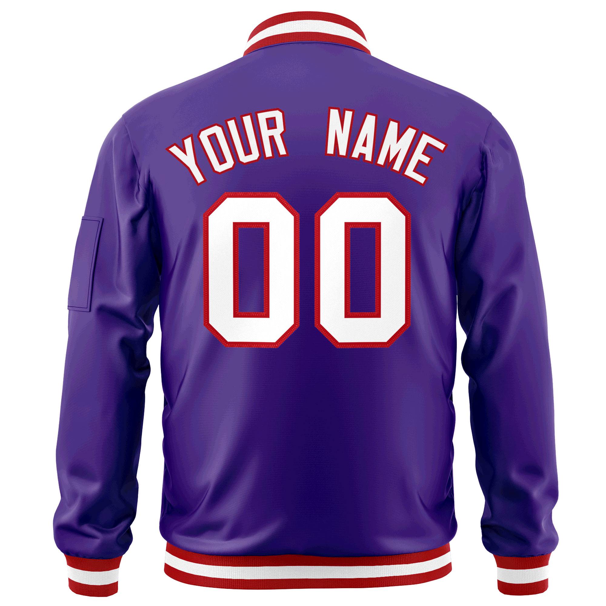 Custom Purple White-Red Varsity Full-Zip Letterman Bomber Jacket