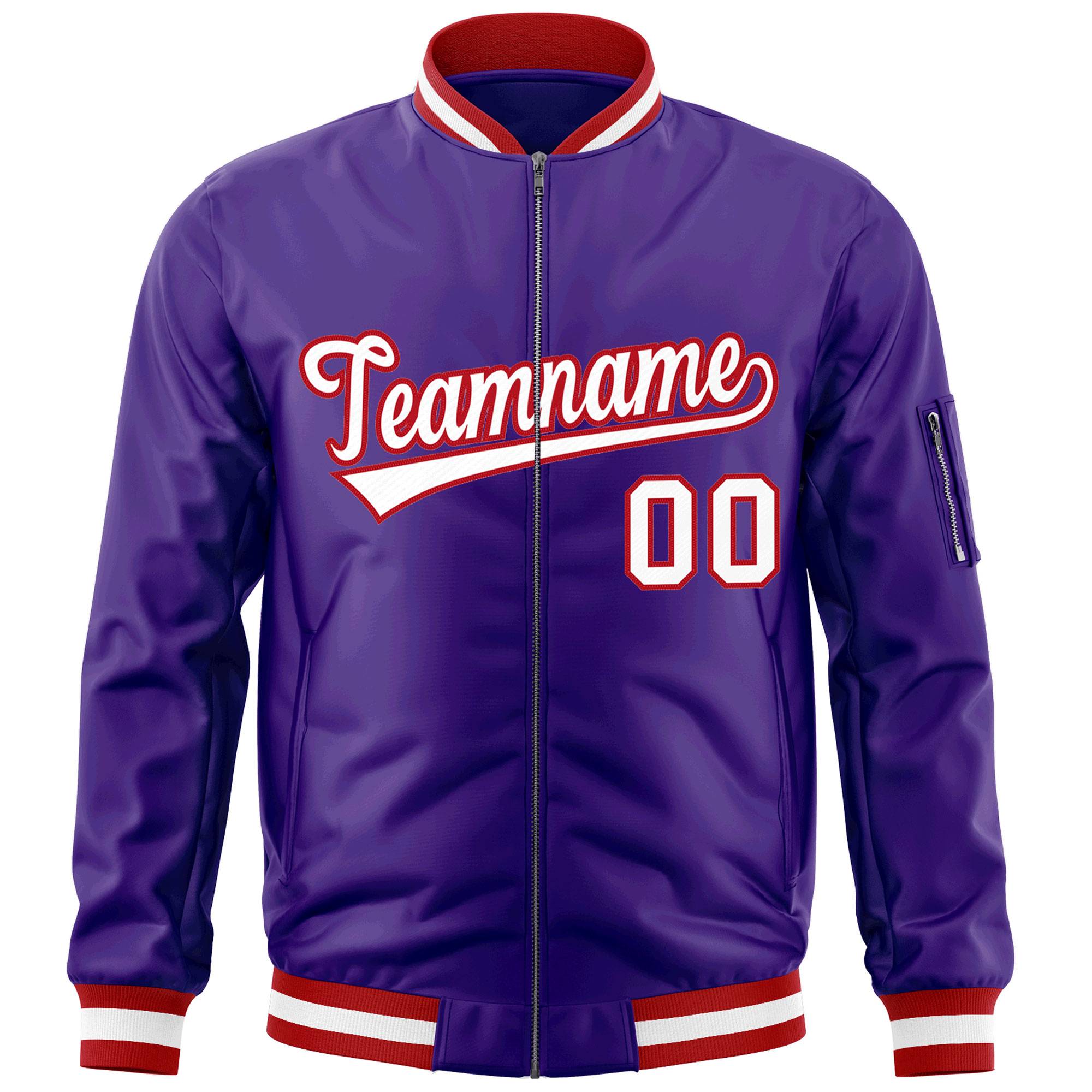 Custom Purple White-Red Varsity Full-Zip Letterman Bomber Jacket