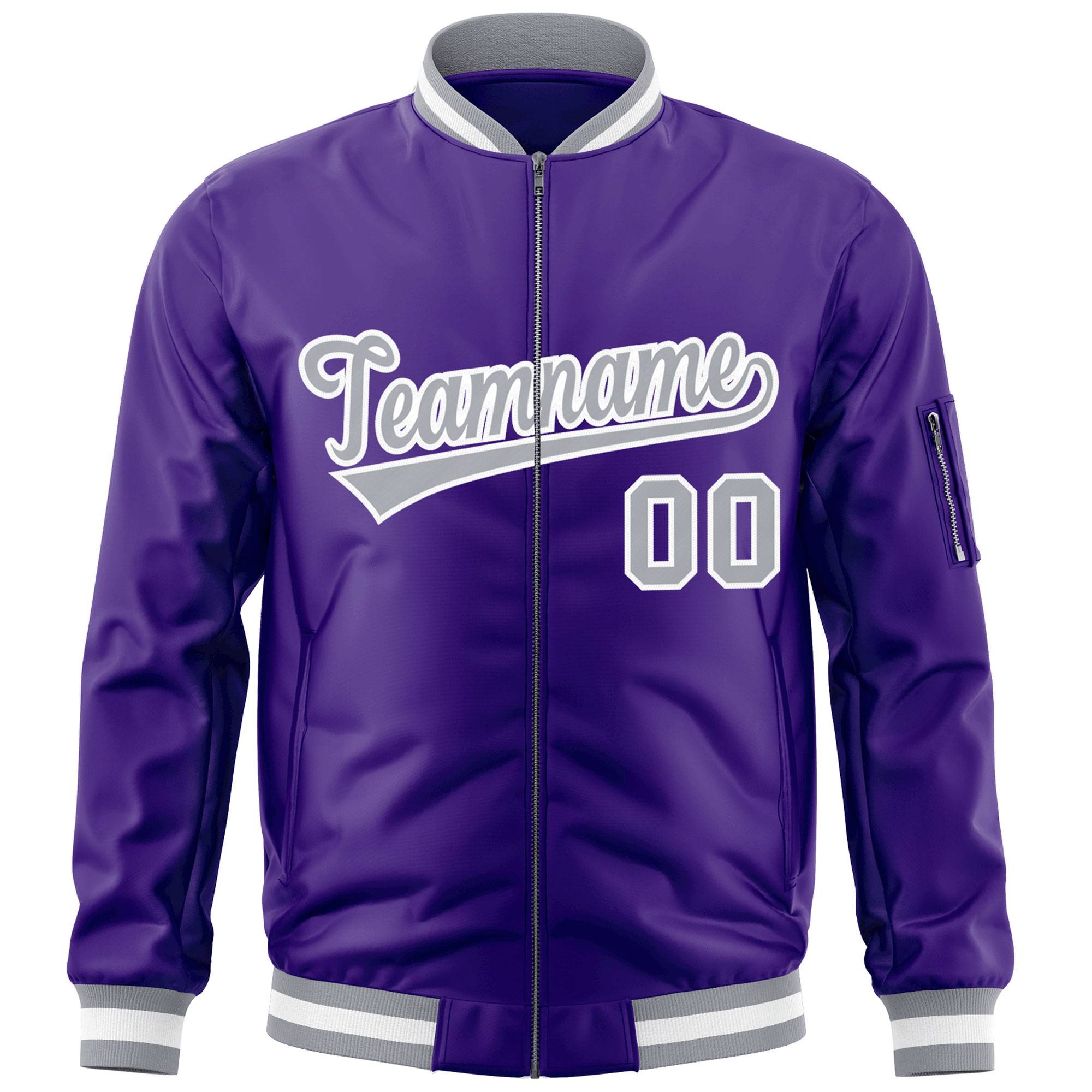 Custom Purple Gray-White Varsity Full-Zip Letterman Bomber Jacket