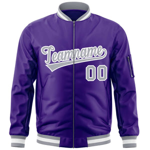 Custom Purple Gray-White Varsity Full-Zip Letterman Bomber Jacket