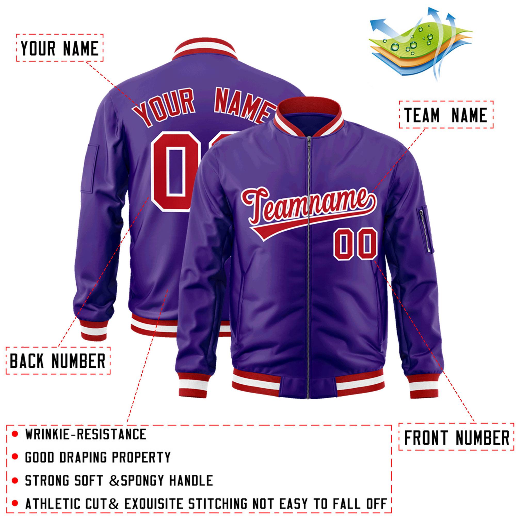 Custom Purple Red-White Varsity Full-Zip Letterman Bomber Jacket