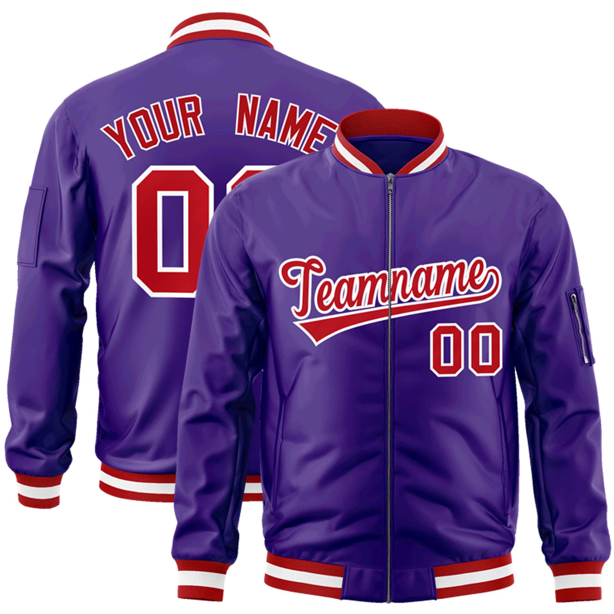 Custom Purple Red-White Varsity Full-Zip Letterman Bomber Jacket