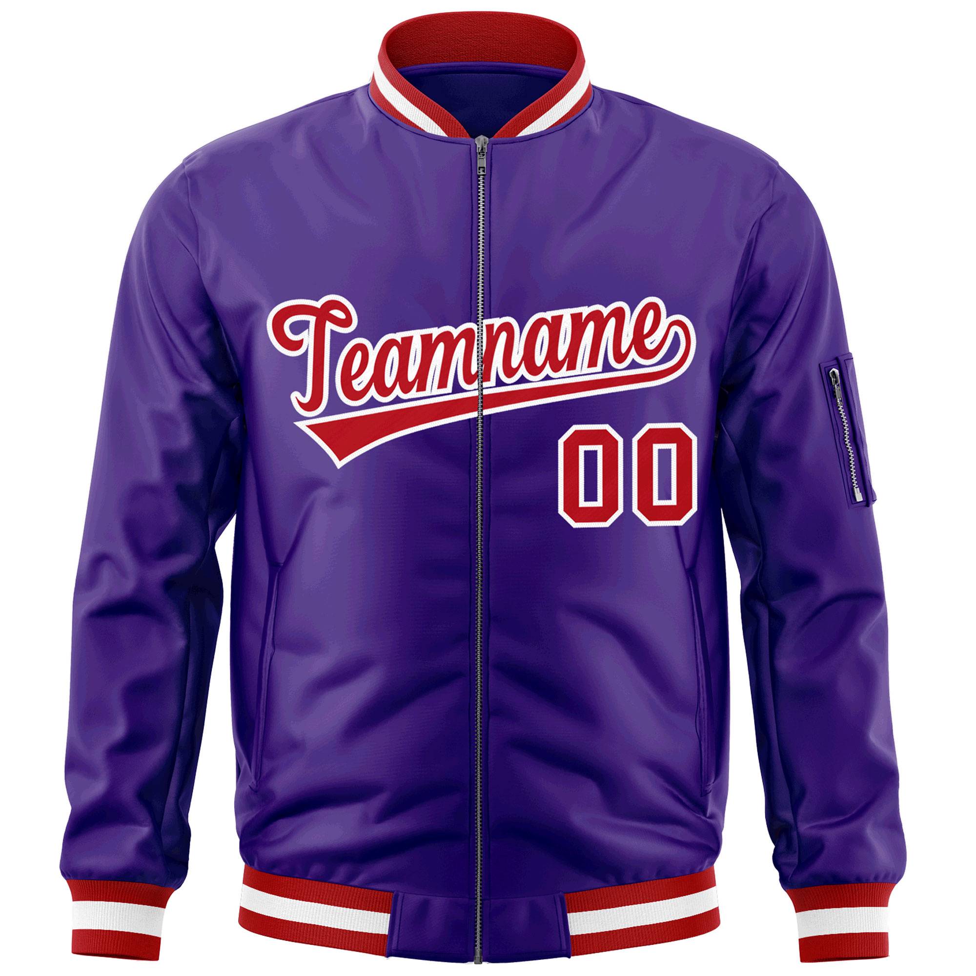 Custom Purple Red-White Varsity Full-Zip Letterman Bomber Jacket