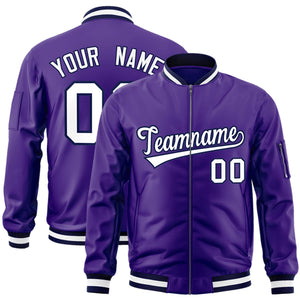 Custom Purple White-Navy Varsity Full-Zip Letterman Bomber Jacket