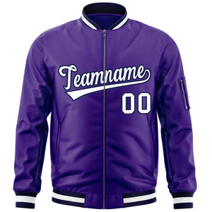 Custom Purple White-Navy Varsity Full-Zip Letterman Bomber Jacket