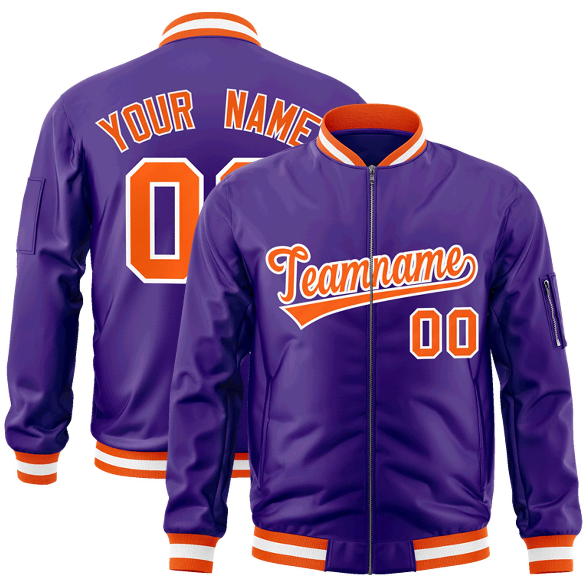 Custom Purple Orange-White Varsity Full-Zip Letterman Bomber Jacket