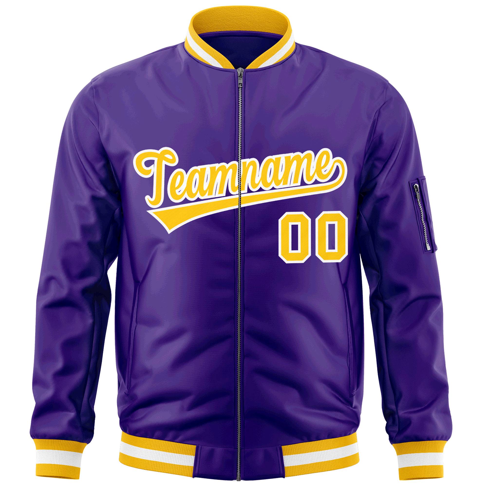 Custom Purple Gold-White Varsity Full-Zip Letterman Bomber Jacket