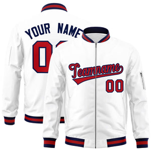 Custom White Red-Navy Varsity Full-Zip Letterman Bomber Jacket