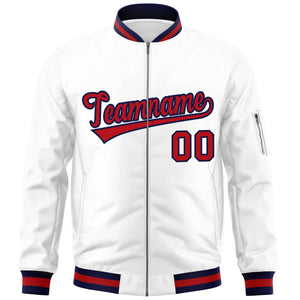 Custom White Red-Navy Varsity Full-Zip Letterman Bomber Jacket