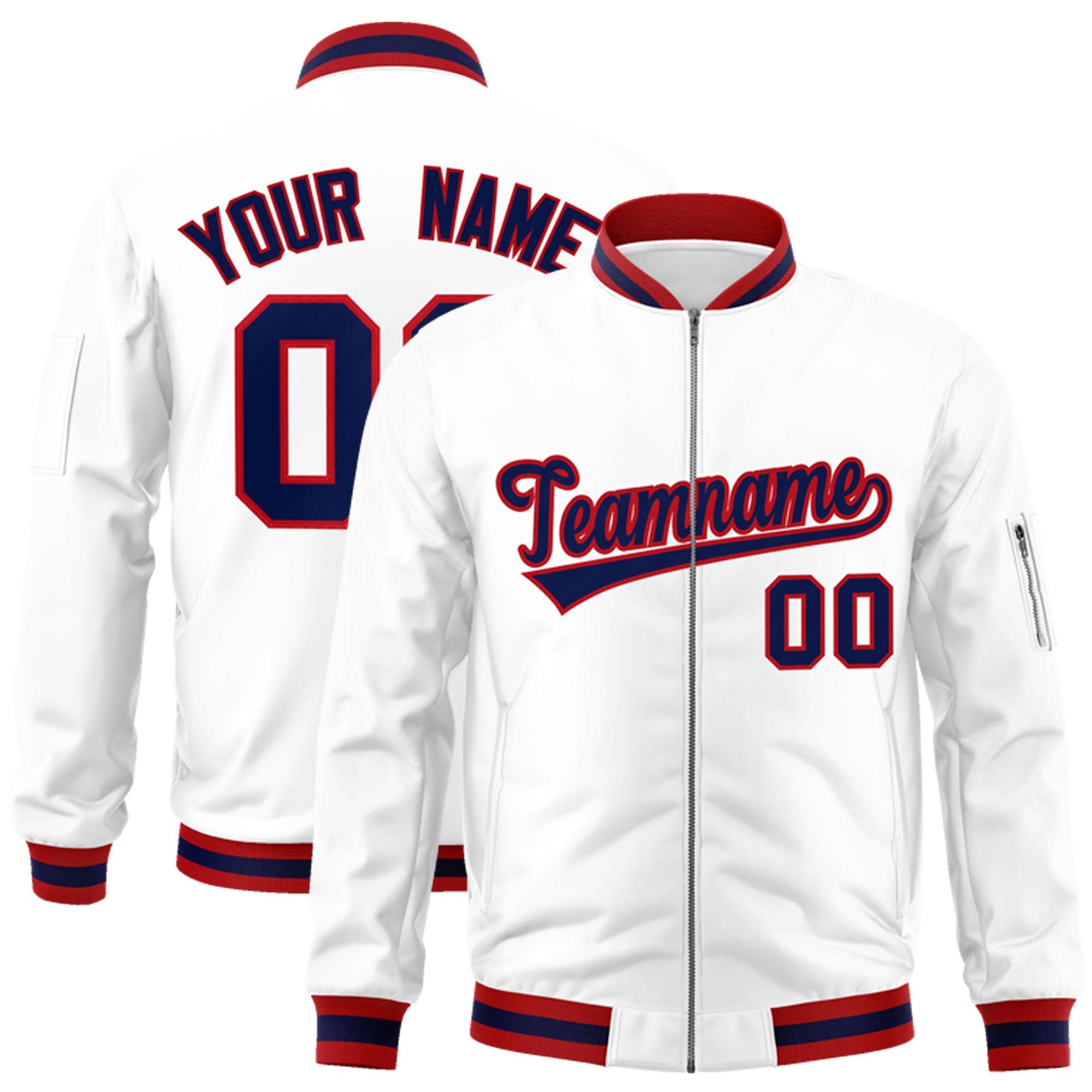 Custom White Navy-Red Varsity Full-Zip Letterman Bomber Jacket