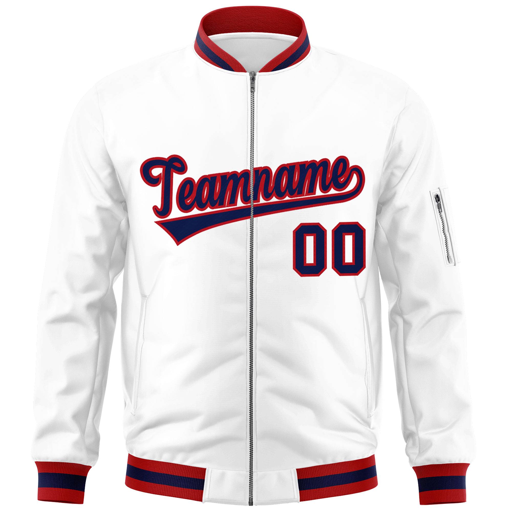 Custom White Navy-Red Varsity Full-Zip Letterman Bomber Jacket