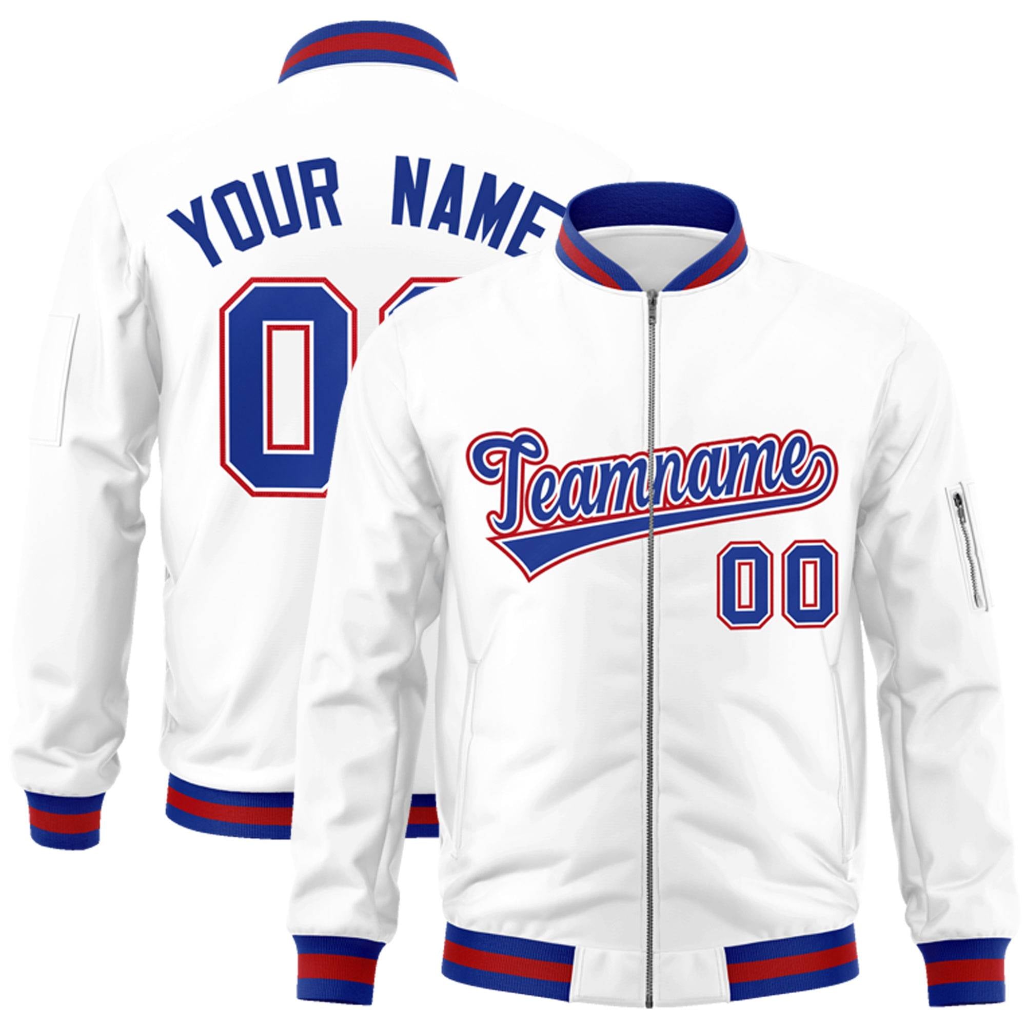 Custom White Royal-Red Varsity Full-Zip Letterman Bomber Jacket