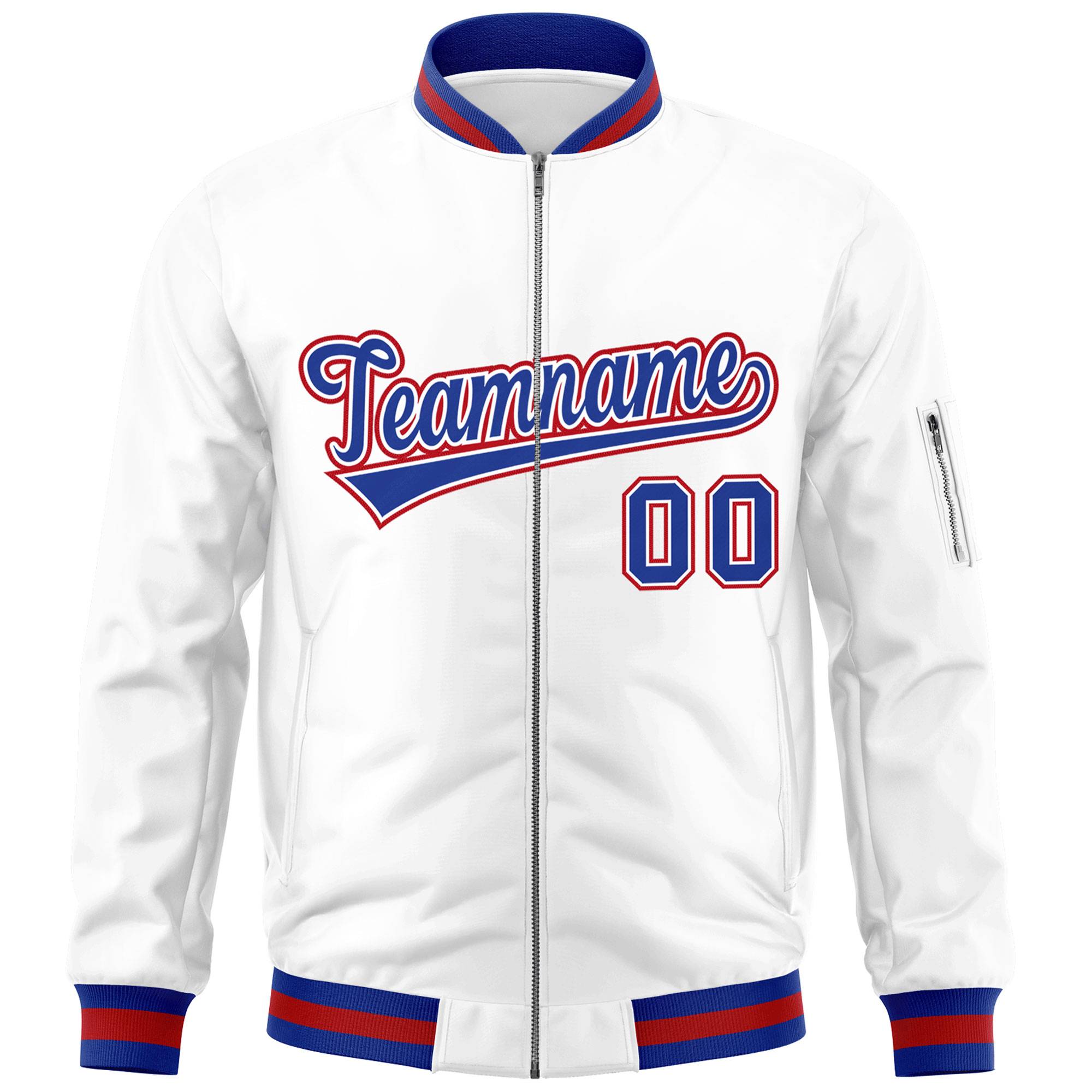 Custom White Royal-Red Varsity Full-Zip Letterman Bomber Jacket