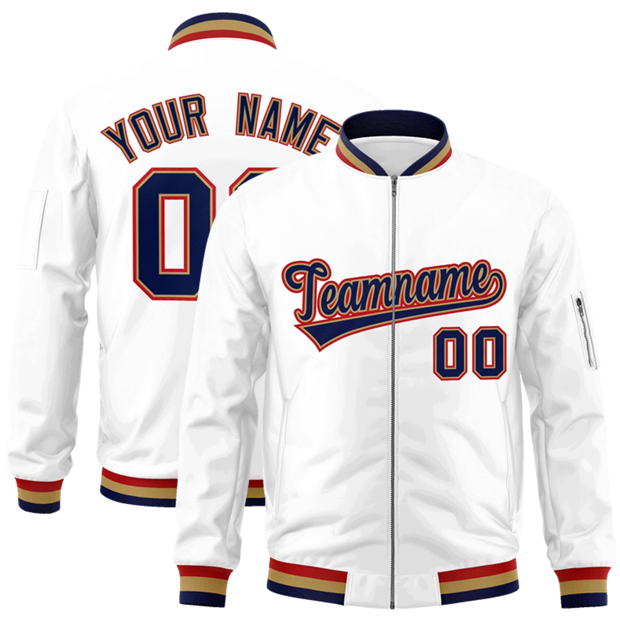 Custom White Navy-Red Varsity Full-Zip Letterman Bomber Jacket