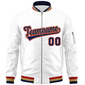 Custom White Navy-Red Varsity Full-Zip Letterman Bomber Jacket