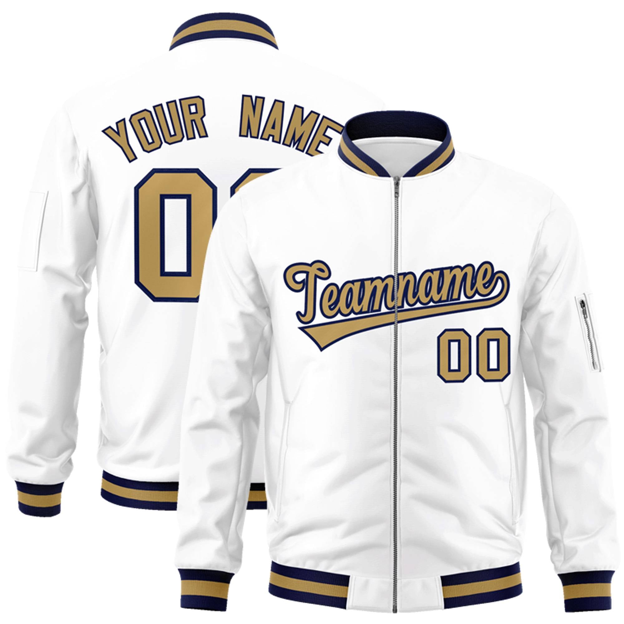 Custom White Old Gold-Navy Varsity Full-Zip Letterman Bomber Jacket