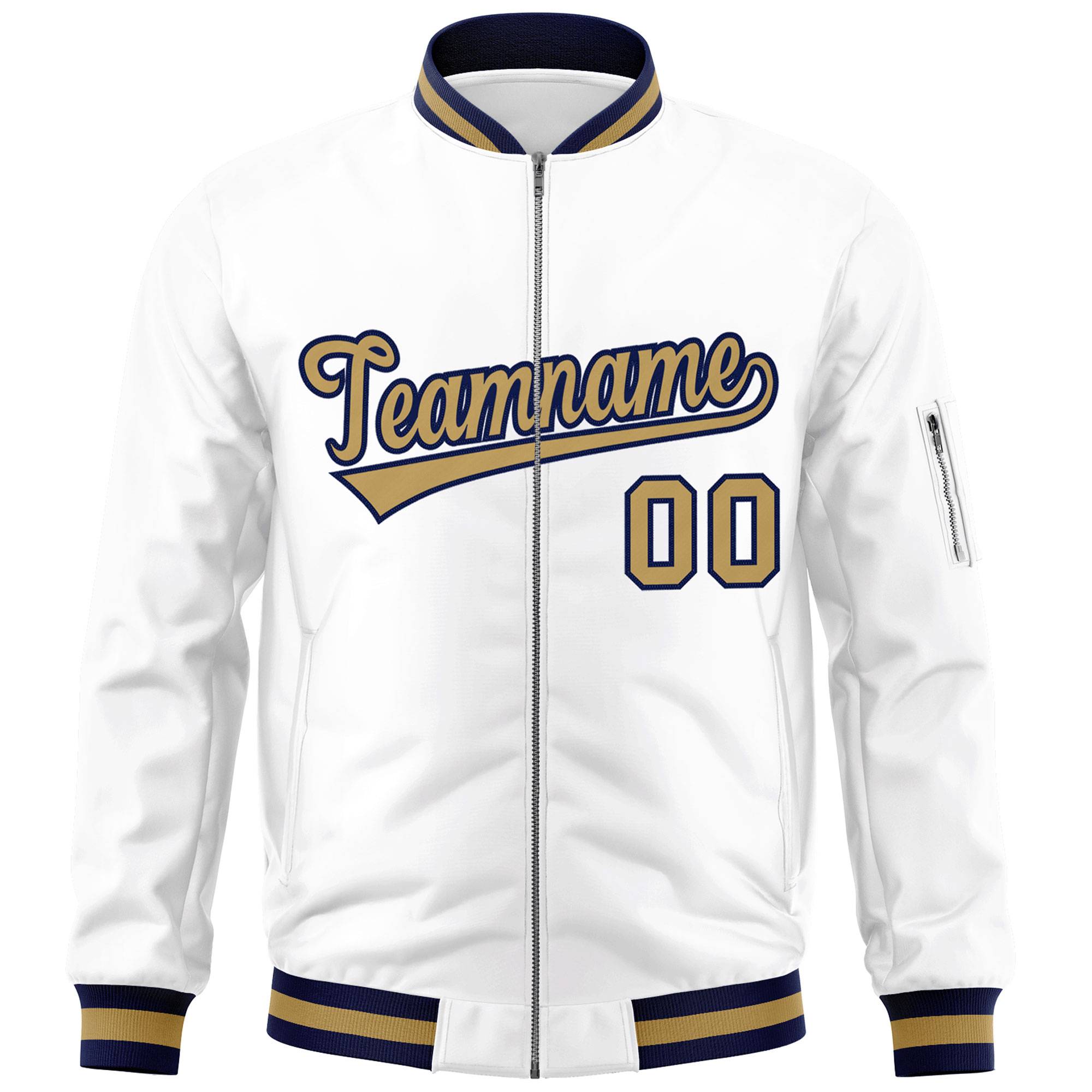 Custom White Old Gold-Navy Varsity Full-Zip Letterman Bomber Jacket